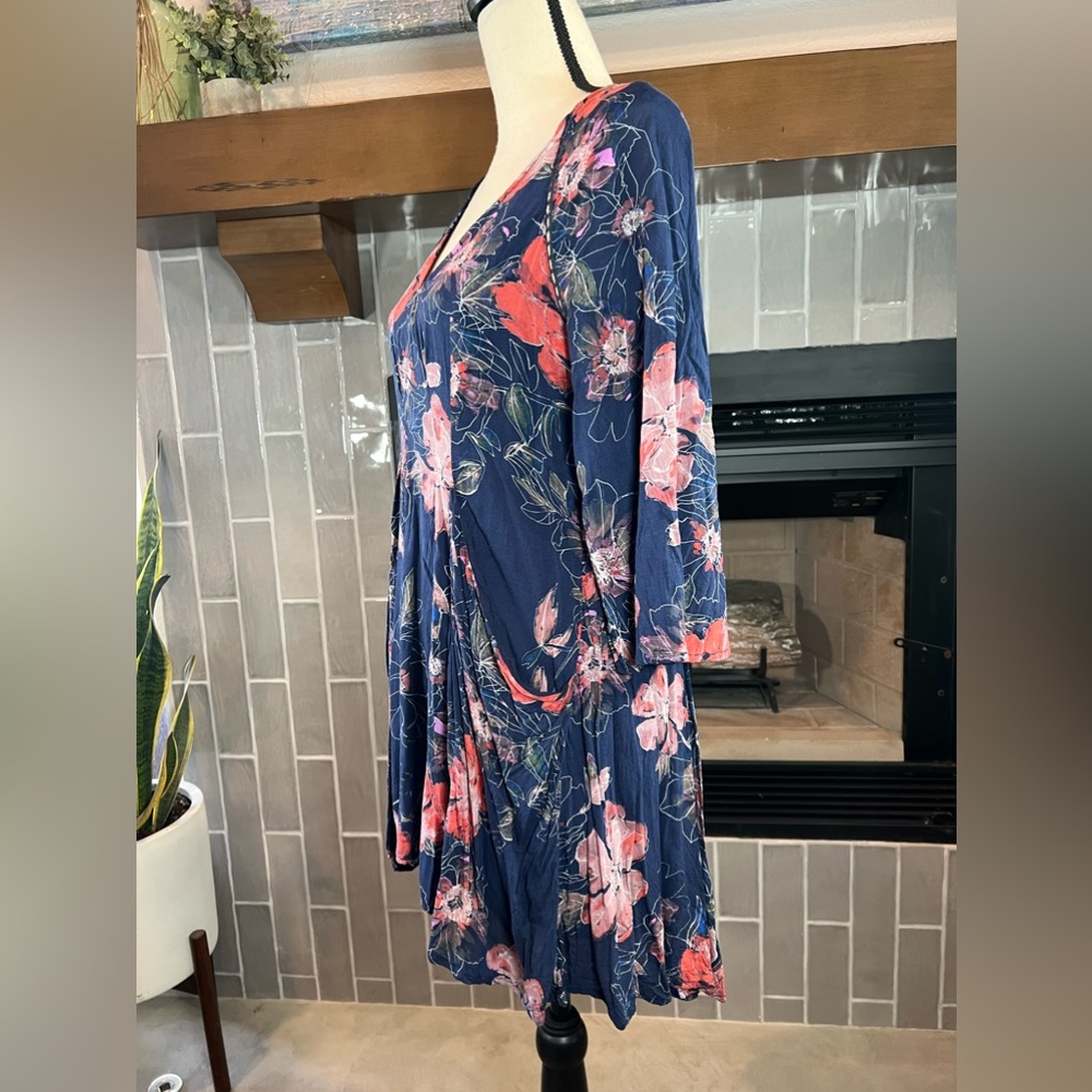 #153 Free People Navy Floral Long Sleeves Mini Dress Vneck Bell Sleeve Size 2 - Picture 4 of 7